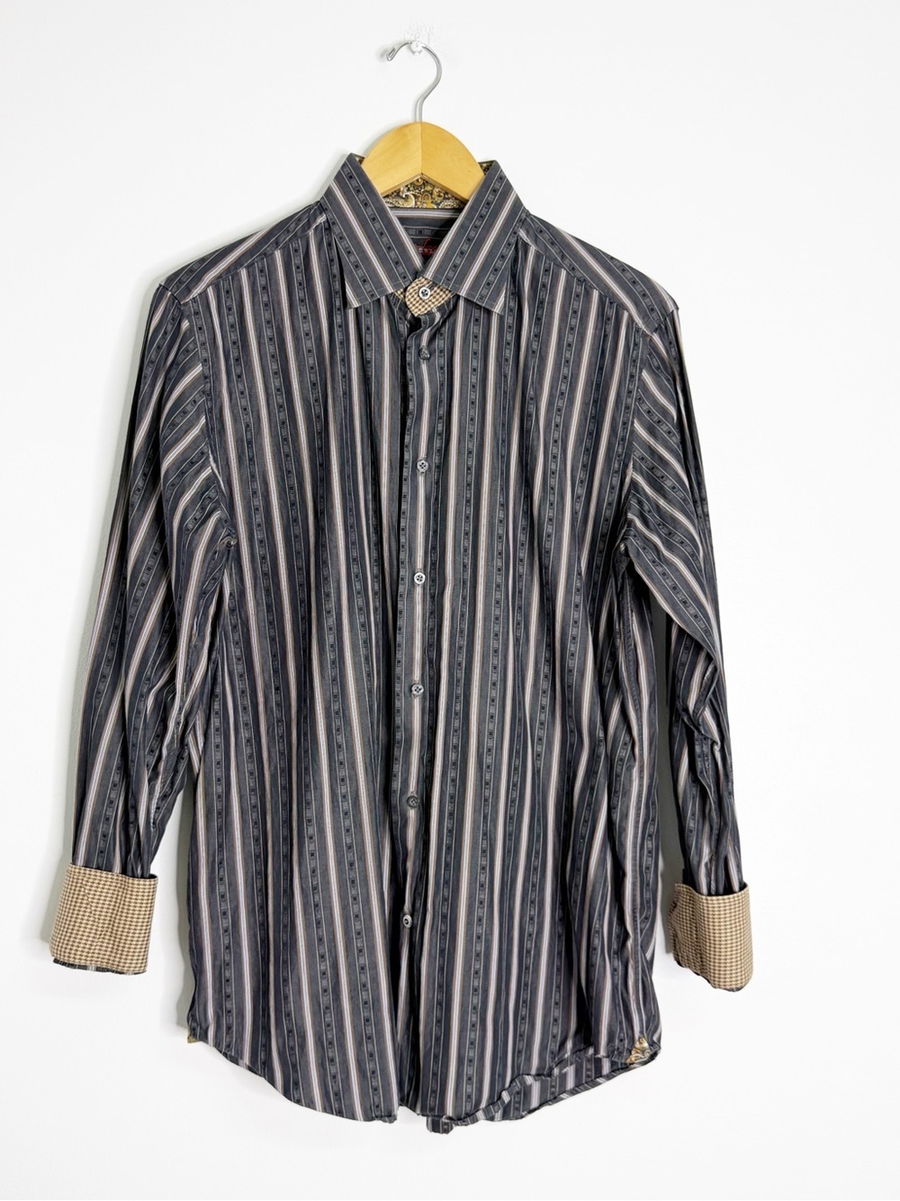 Robert Graham Men’s Size 16 Striped Button Up Shirt Paisley Contrast Cuffs